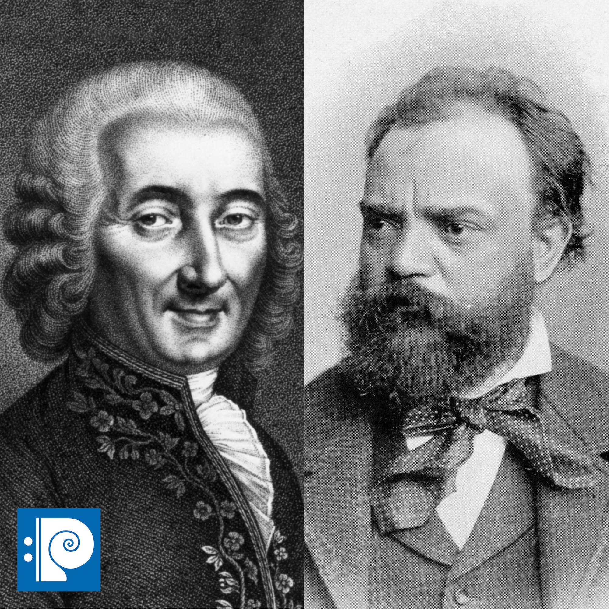 two black and white images of white male composers