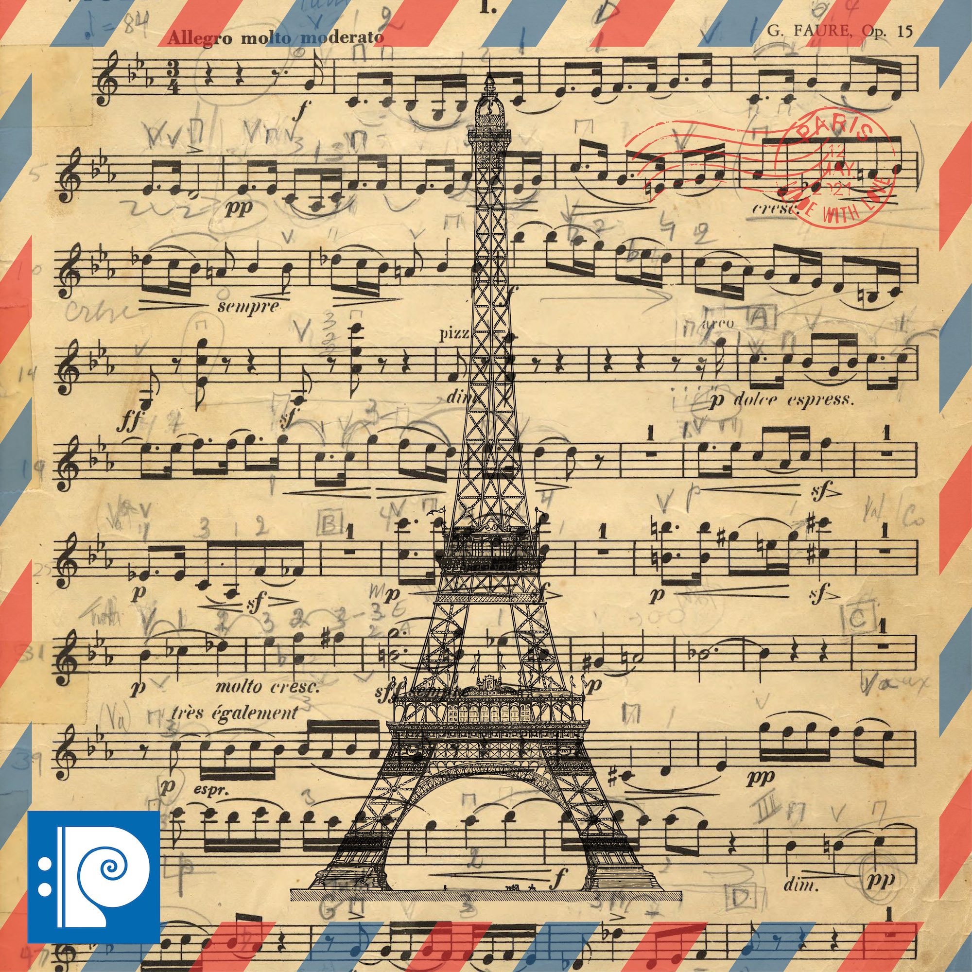 an image of the eiffel tower superimposed over marked up sheet music. The PCMF logo is in the bottom left of the image.