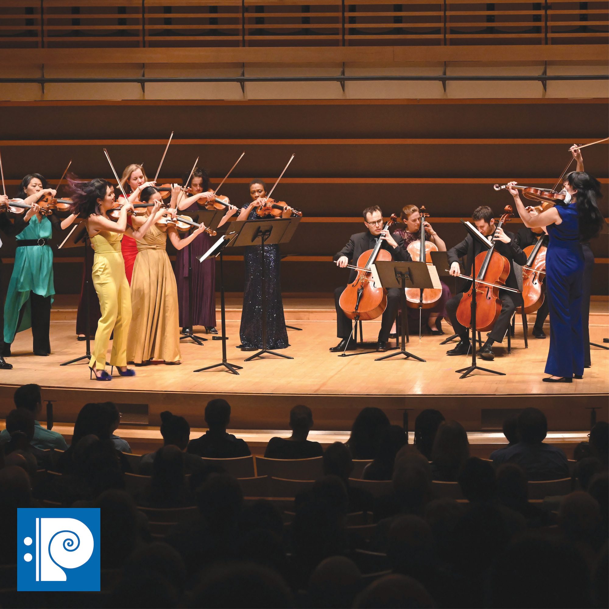 a dozen musicians in brightly colored formal wear, playing stinged instruments on a small stage with the sillouettes of the audience in the foreground.