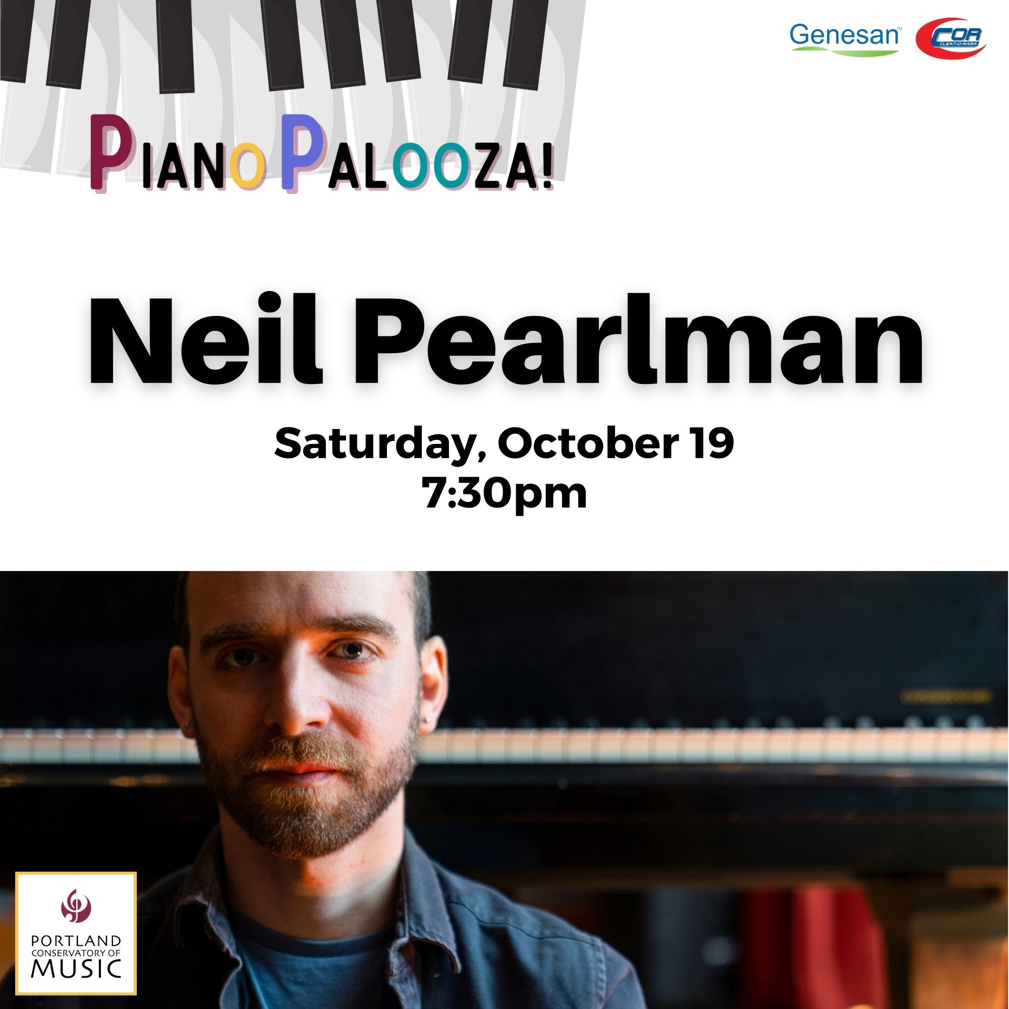 Square Graphic promoting Portland Conservatory of Music's Piano Palooza conert with Neil Pearlman. Featuring an image of Neil wearing a blue tee shirt and unbuttoned blue buttons down with a dark wood background.