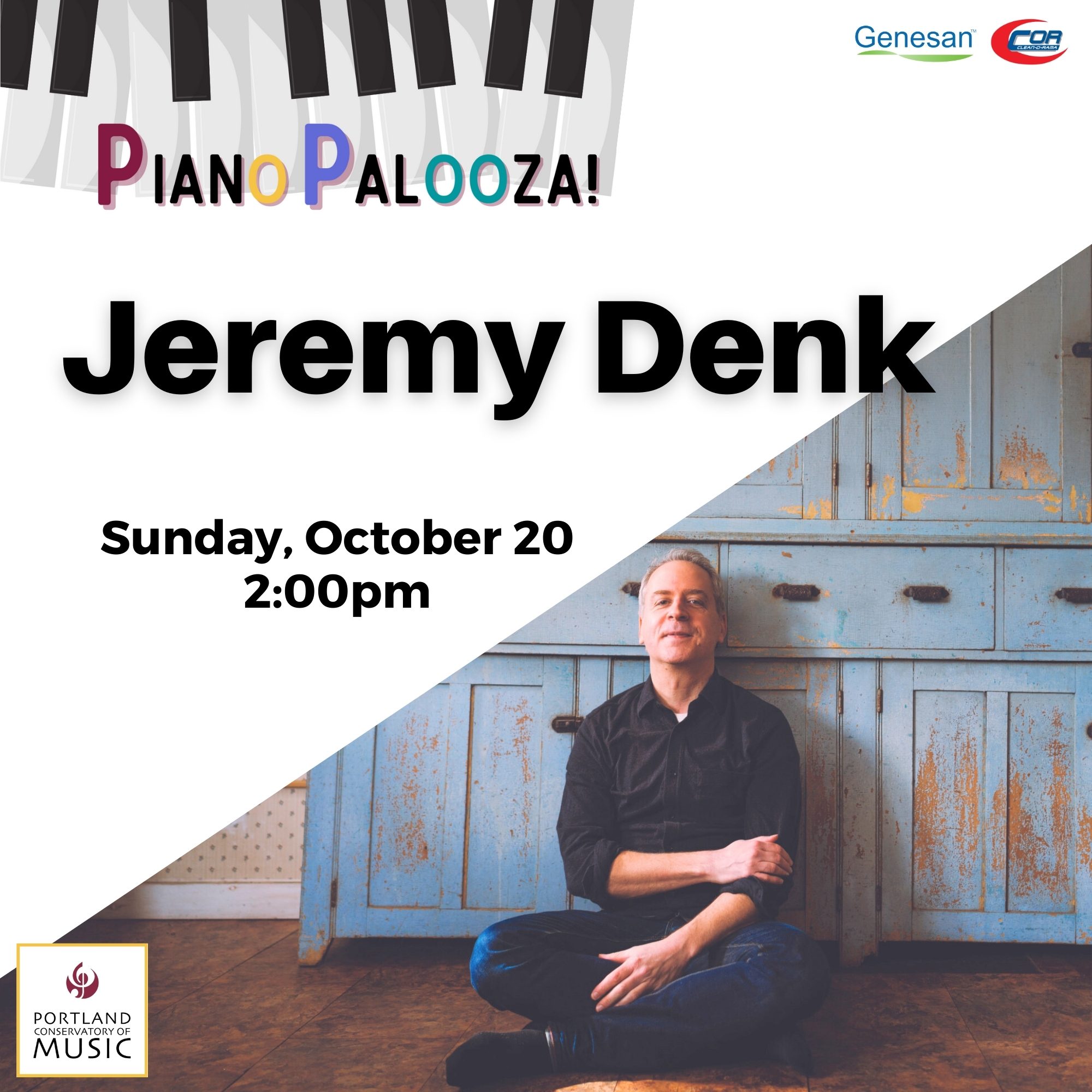 Square graphic with image of Jermy Denk sitting on a wood floor against a distressed blue painted wood background wearing blue jeans and a black button down. Text: Piano Palooza Jeremy Denk Sunday October 20 2:00pm