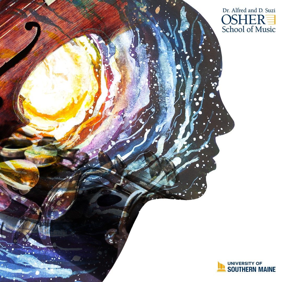 A fairly abstract image of a watercolor or gauche celestial image projected onto a close up of a violin and a clarinet's keys. To the right is the silhouette of a face where the painting ends. In the upper right of the image is the Dr. Alfred and D. Suzi Osher School of Music logo, and the bottom right is the University of Southern Maine logo.