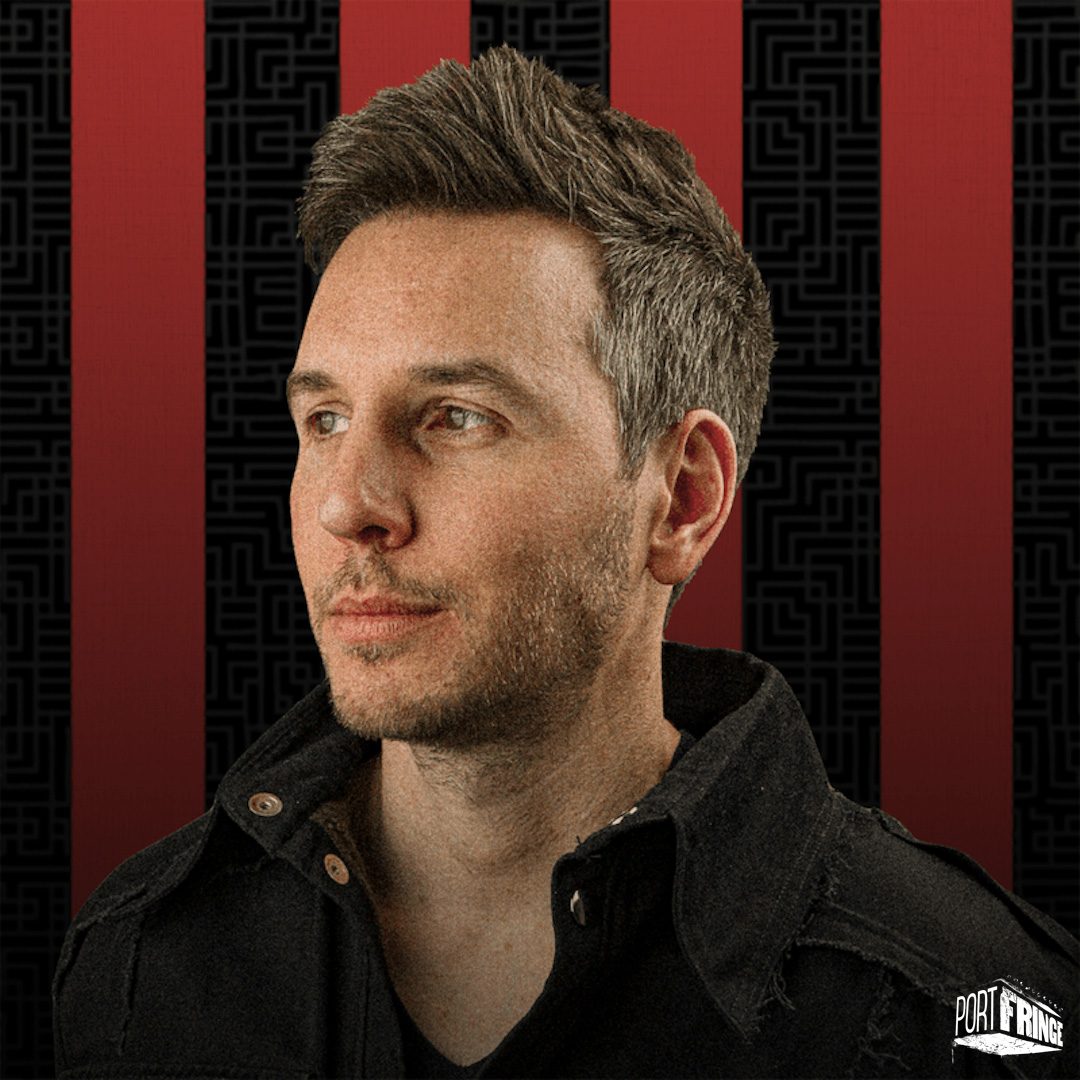 Mind Reader 1080x1080 a 3/4 view of a white man with short brown hair against a black and red striped background. the portfringe logo is in the bottom right of the image.